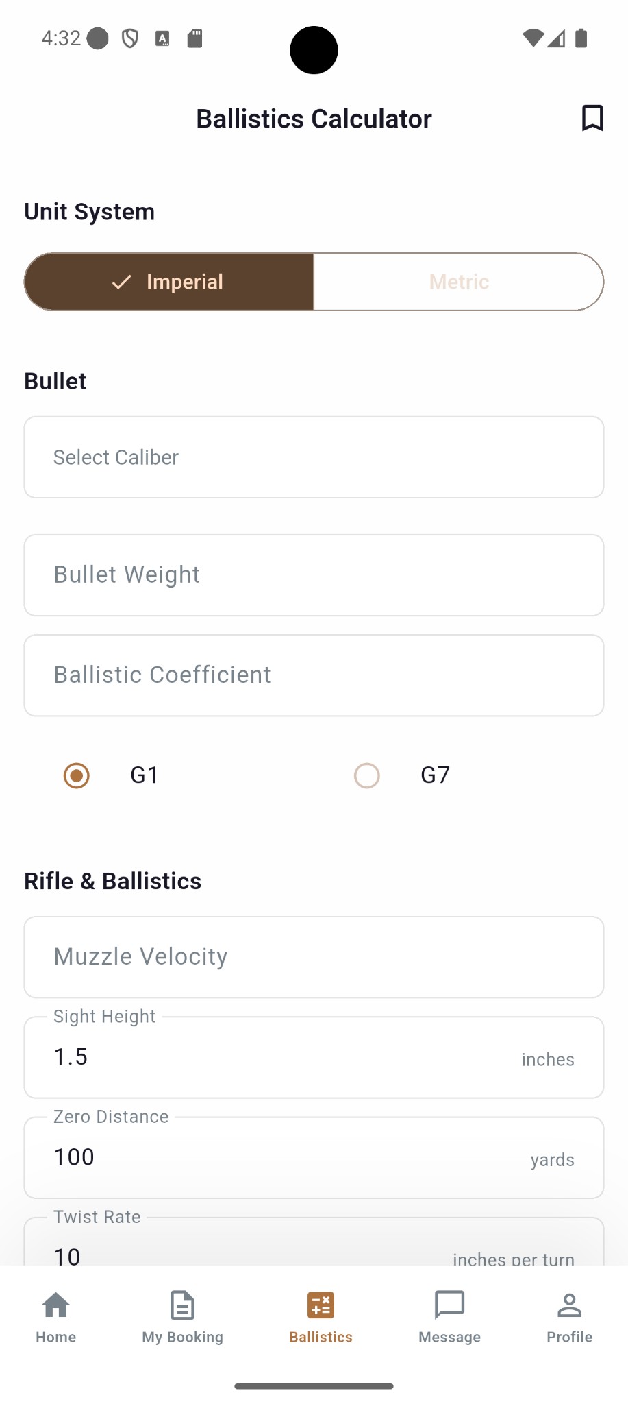 AfriHunt ballistics calculator screen