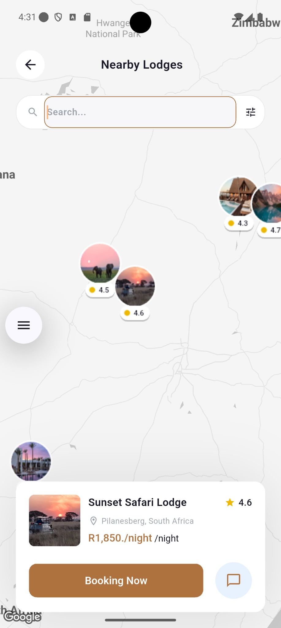 AfriHunt map view showing nearby hunting destinations